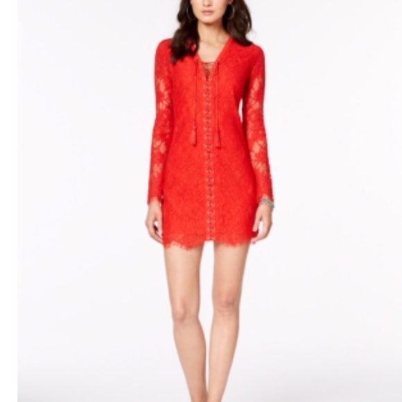 GUESS Lace-Up Lace Mini Dress Flame Scarlet - Picture 1 of 2